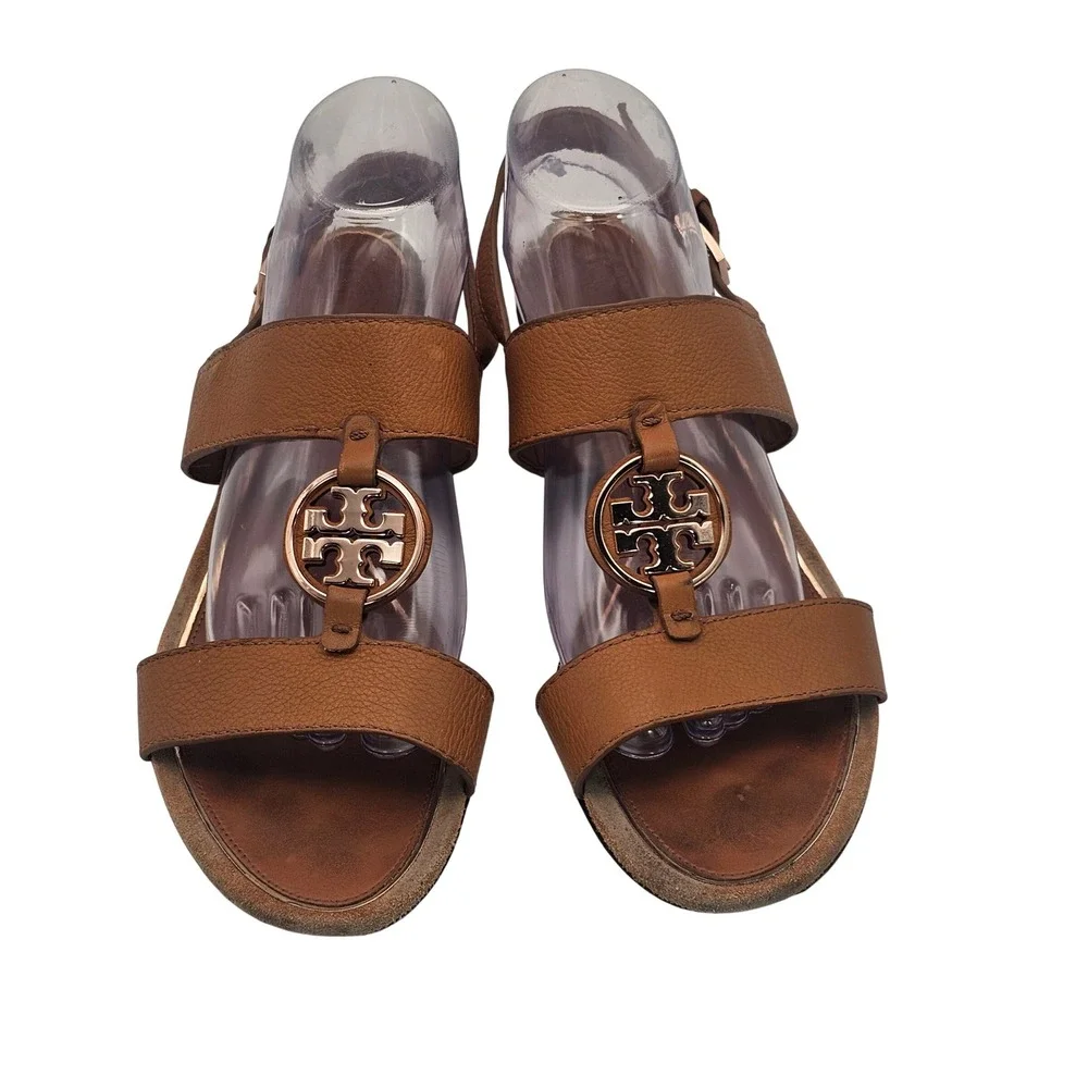 Tory Burch Metal Miller Two Band Calf Leather Sandal 11M Tan Rose Gold Designer